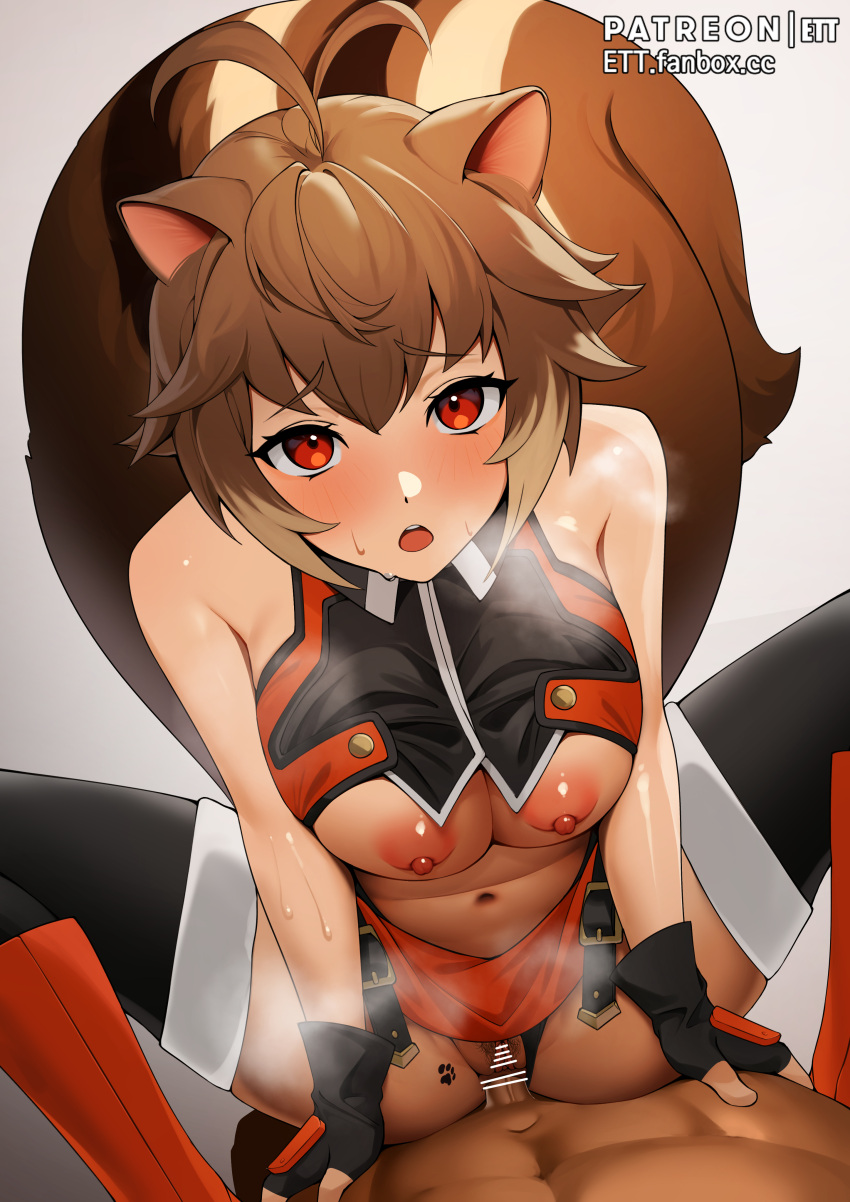 1boy 1girl absurd_res animal_ears antenna_hair bar_censor bare_shoulders big_breasts black_gloves black_legwear blazblue breasts censored clothed_female cowgirl_position ett eyebrows_visible_through_hair female_focus female_pubic_hair fingerless_gloves girl_on_top gloves high_res looking_at_viewer makoto_nanaya male male/female navel nipples open_mouth patreon_username penis pov pubic_hair red_eyes sex short_hair slq squatting_cowgirl_position squirrel_ears squirrel_tail stockings straddling straight sweat tagme tail teen vaginal vaginal_penetration video_game_character video_game_franchise