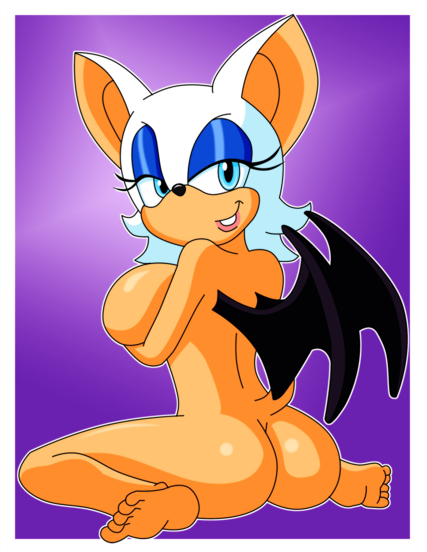1girl anthro ass big_breasts breast_hold breasts female_only looking_back nude pervyangel rouge_the_bat sega solo sonic_(series) sonic_the_hedgehog_(series) white_border