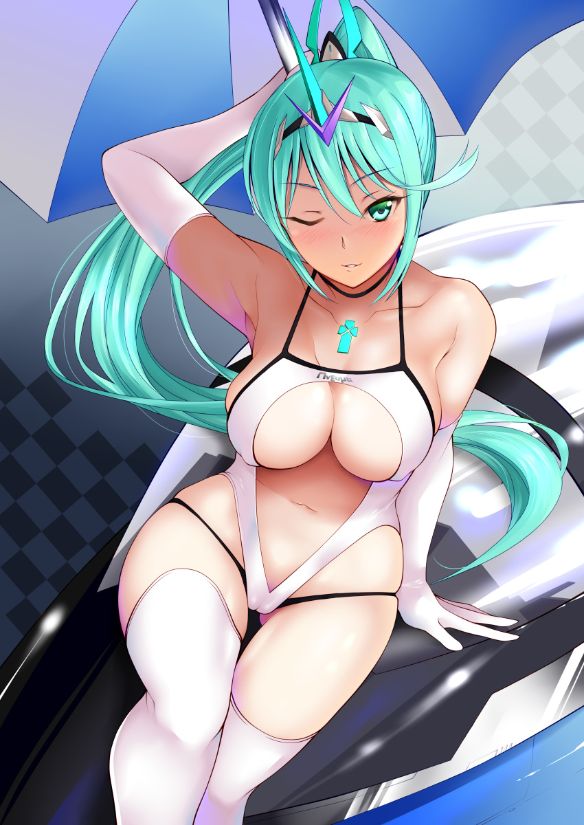 1girl ;d absurd_res alluring alternate_costume armpits bangs bare_shoulders big_breasts blush breasts center_opening chest_jewel cleavage collarbone daive gem green_eyes green_hair hair_ornament headpiece high_res jewelry leotard long_hair looking_at_viewer nintendo one_eye_closed open_mouth pneuma pneuma_(xenoblade) smile stockings swept_bangs thighs tiara very_long_hair white_leotard xenoblade_(series) xenoblade_chronicles_2