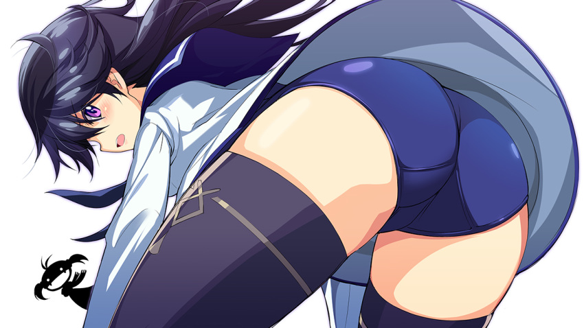 2girls ass black_hair blush cosplay creator_connection fangs from_behind hentai isshiki_akane kuroki_rei long_hair looking_back michairu miyafuji_yoshika miyafuji_yoshika_(cosplay) multiple_girls porn purple_eyes school_swimsuit school_uniform silhouette_demon strike_witches swimsuit swimsuit_under_clothes thighhighs twintails vividred_operation