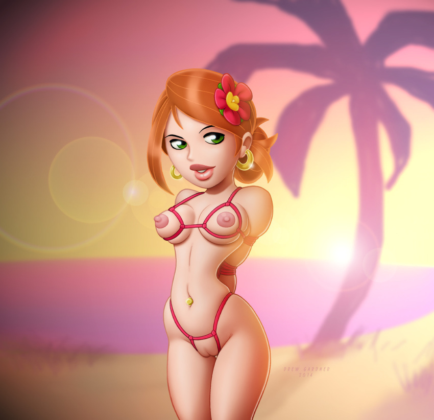 arms_behind_back beach bondage bottomless breasts drew_gardner_(artist) earrings flower green_eyes hairless_pussy kim_possible kimberly_ann_possible navel nipples no_bra no_panties nude piercing pussy red_hair smile topless