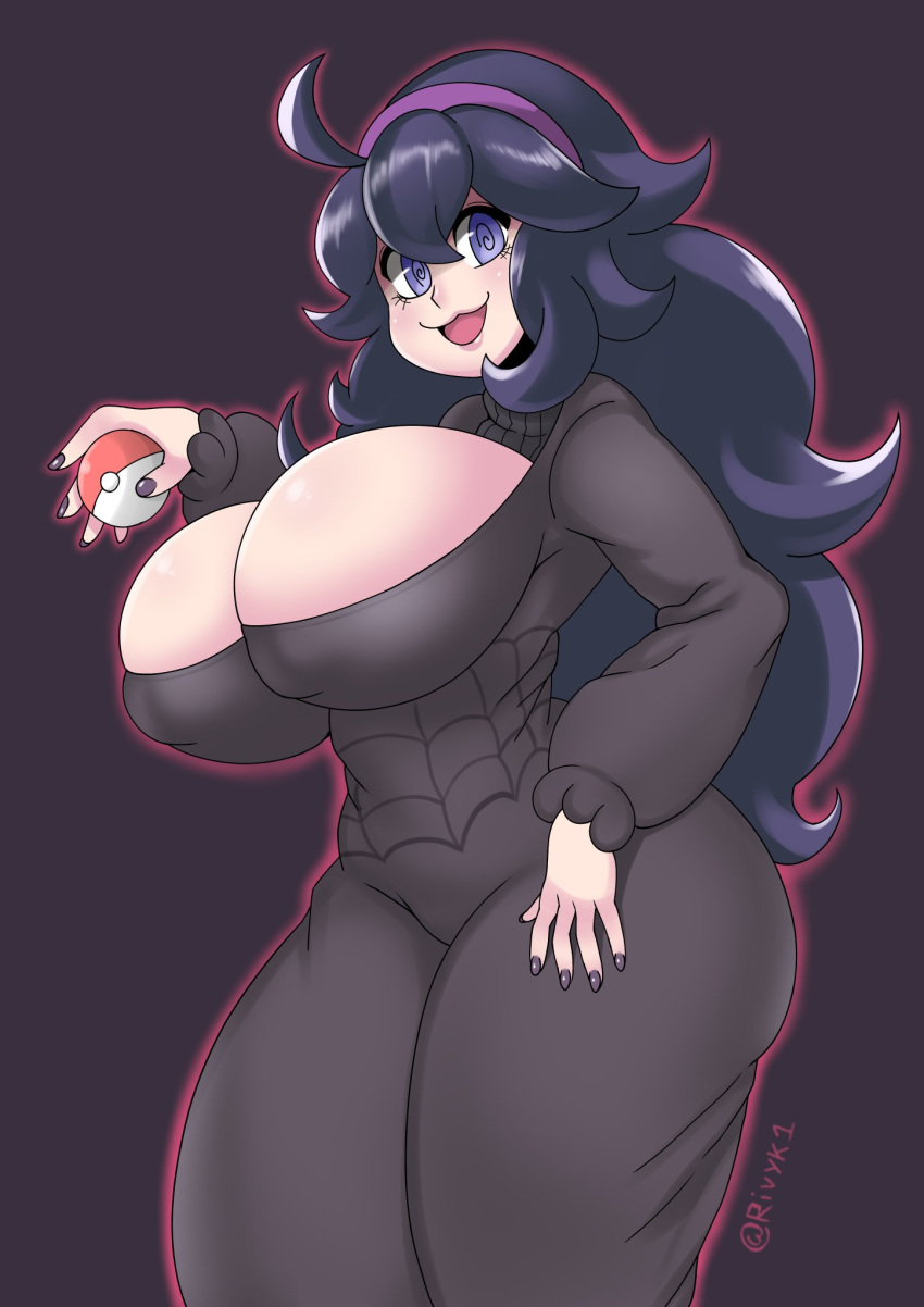 1girl :3 ahoge alternate_breast_size ass breasts bursting_breasts cleavage clothed clothes dress eye_contact female_only goth hairband hex_maniac huge_ass huge_breasts human long_hair looking_at_viewer nintendo poke_ball pokemon pokemon_xy pose purple_background purple_eyes purple_hair purple_nails rivyk smile text thick_thighs tongue watermark wide_hips