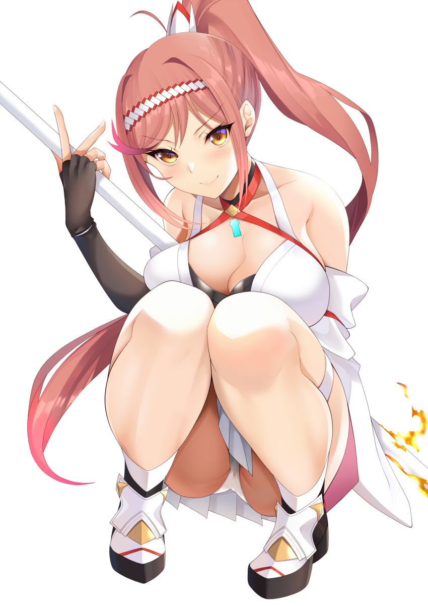 1girl alluring bare_shoulders big_breasts breast_press breasts chest_jewel cleavage criss-cross_halter daive detached_sleeves fingerless_gloves full_body glimmer_(xenoblade) gloves halterneck high_ponytail high_res japanese_clothes kimono long_hair looking_at_viewer obi panties ponytail red_hair sash squatting swept_bangs underwear upskirt white_kimono wide_sleeves xenoblade_(series) xenoblade_chronicles_3 xenoblade_chronicles_3:_future_redeemed