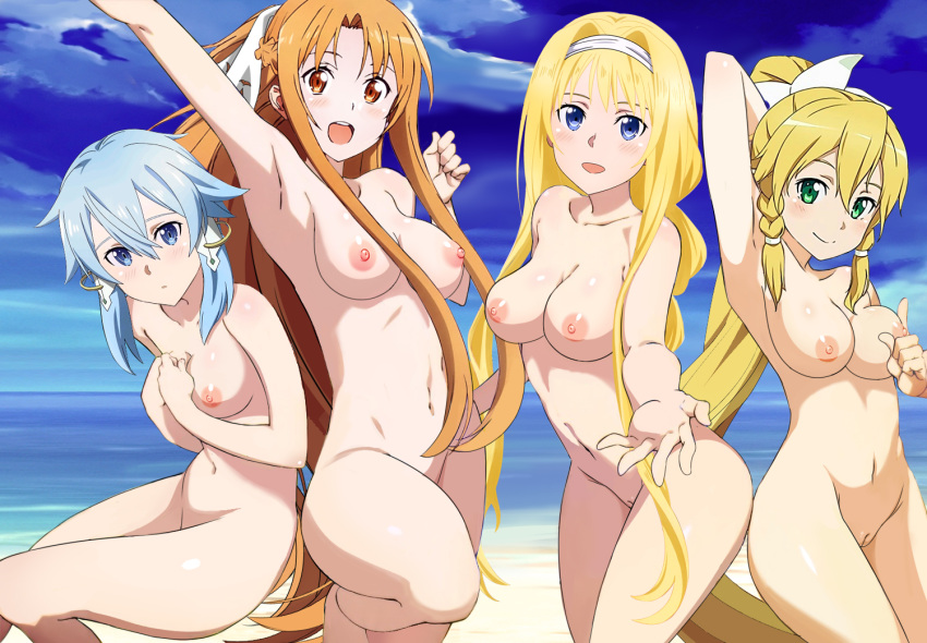 4girls :d :o alice_schuberg alice_zuberg alluring arm_above_head arm_behind_head arm_up armpits asada_shino asuna_(sao) beach big_breasts blonde_hair blue_eyes blue_hair blush braid breasts character_request cleft_of_venus collarbone completely_nude green_eyes hair_ornament headband leafa looking_at_viewer medium_breasts multiple_girls navel nipples nude ocean open_mouth orange_eyes orange_hair outside ponytail reaching_out shy sinon sky smile sword_art_online tagme twin_braids vkgk4869 voluptuous
