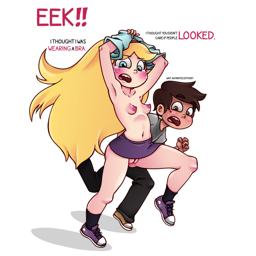 blonde_hair blush embarrassed embarrassed_nude_exposure enf-lover forgetful long_hair marco_diaz mole_under_eye nipples no_bra no_panties perky_breasts pussy red_face running skirt small_breasts star_butterfly star_vs_the_forces_of_evil tears thin undressing