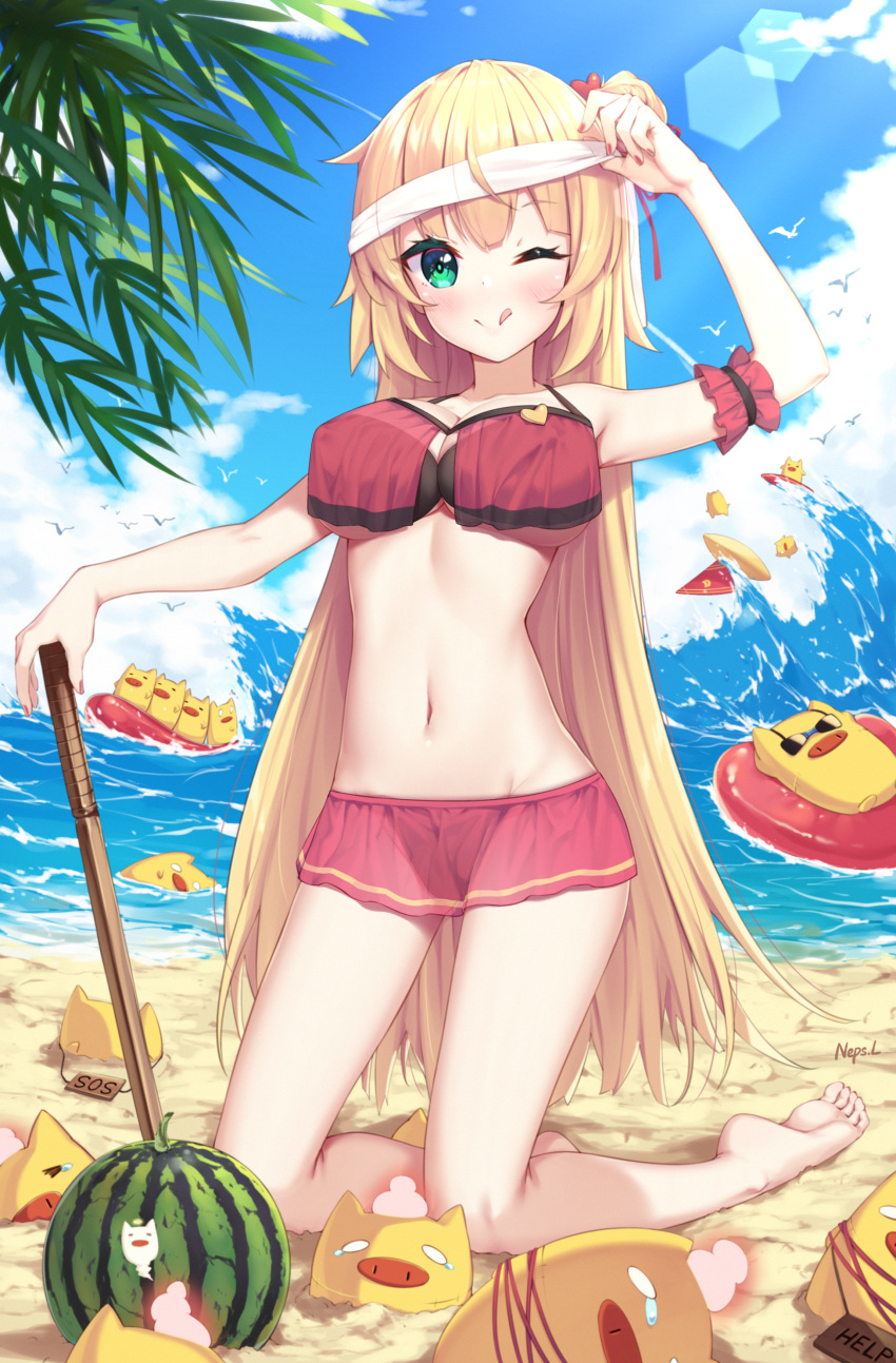 1girl 1girl akai_haato bangs bare_arms bare_shoulders barefoot beach big_breasts bikini bikini_skirt blonde blue_sky blush breast_curtains breasts clavicle cloud day eyebrows_visible_through_hair feet food fruit green_eyes hair_ornament hairband heart heart_hair_ornament high_resolution holding hololive innertube kneel large_filesize long_hair looking_at_viewer nail_polish navel neps-l ocean one_eye_closed outside red_bikini red_nails ribbon sky smile surfboard surfing swimsuit tongue tongue_out very_high_resolution virtual_youtuber water watermelon waves white_hair_ornament white_hairband