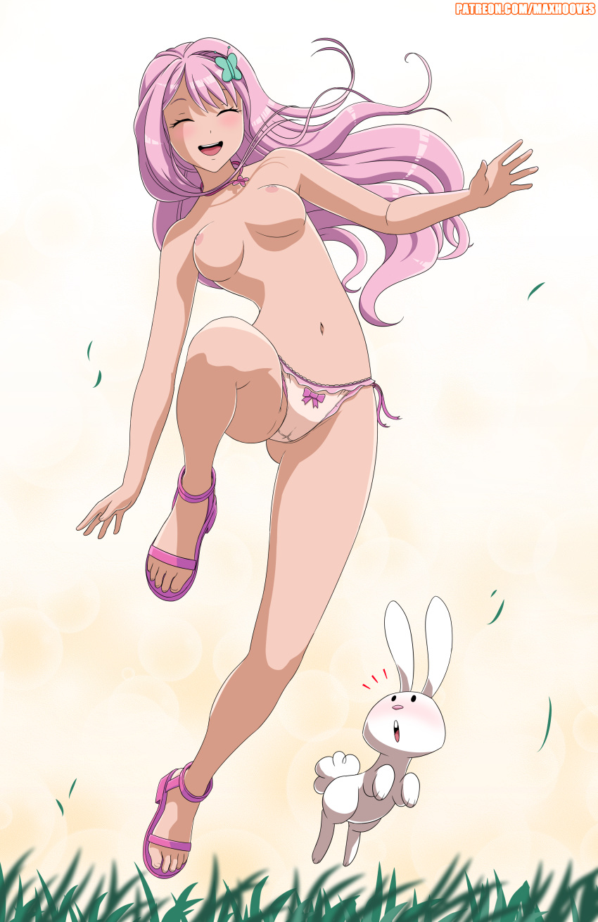 1girl angel_(mlp) breasts closed_eyes female female_human fluttershy fluttershy_(mlp) friendship_is_magic human humanized long_hair mostly_nude my_little_pony no_bra panties rabbit rambon7 topless
