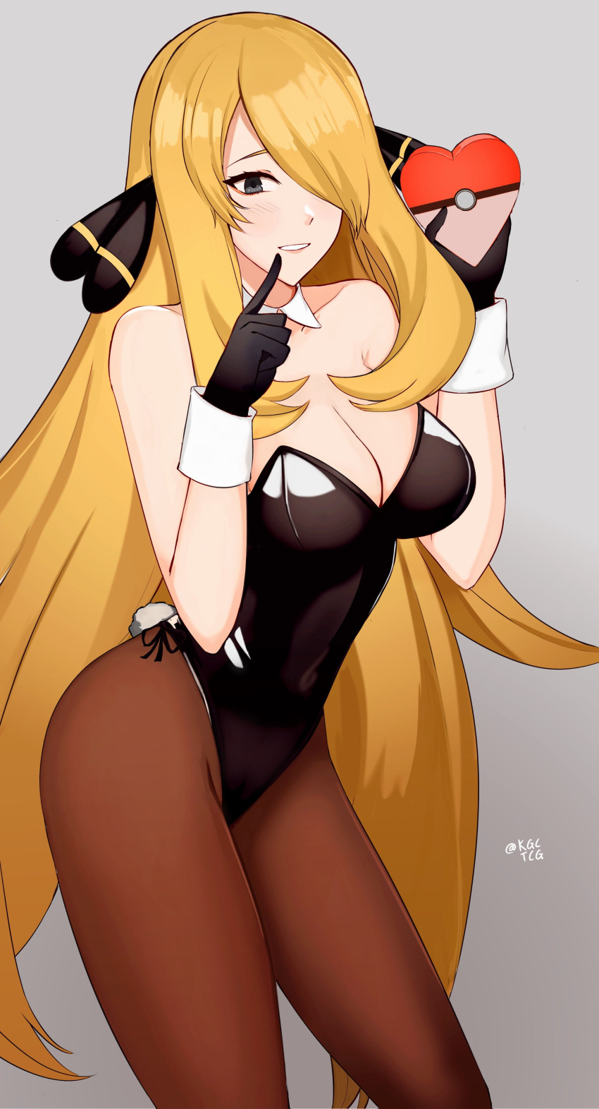 1girl 1girl 1girl 2022 5_fingers alluring alternate_breast_size alternate_costume arms artist_name artist_signature big_breasts black_gloves black_leotard blonde_hair bunny_girl bunny_tail bunnysuit clothed_female collar corset cuffs cynthia cynthia_(pokemon) detached_collar eyes fair-skinned_female fair_skin female_focus female_only finger_to_mouth fingers game_freak gloves grey_eyes hair_band hair_ornament hair_over_one_eye hairband hands human human_focus human_only kgctcg legs leotard long_hair nintendo pantyhose pokemon pokemon_dppt pokemon_trainer shoulders side_bangs simple_background solo_focus thighs tie twitter_username valentine's_day very_long_hair white_collar white_cuffs white_wrist_cuffs wrist_cuffs