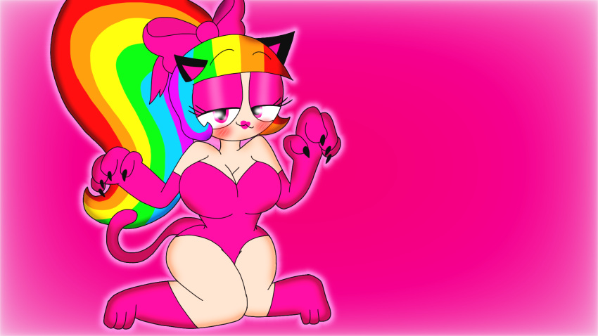 1920x1080 1girl big_breasts blush breasts cat_girl cleavage cute elbow_gloves female female_only full_body gradient_background hair_ornament hair_ribbon half-closed_eyes highres lipstick long_nails looking_at_viewer multicolored_hair neko pink_eyes pink_gloves ra1nb0wk1tten101_(artist) rainbow_hair rainbow_kitty101 simple_background smile socks solo the_adventures_of_ra1nb0wk1tty_and_her_allies thick_thighs wallpaper