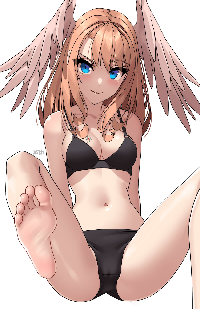 1girl 1girl 1girl alluring alternate_costume barefoot big_breasts blue_eyes eunie_(xenoblade) feet female_only foot_fetish looking_at_viewer nintendo presenting_feet showing_feet white_background wings wings_on_head x_xith_x xenoblade_(series) xenoblade_chronicles_3