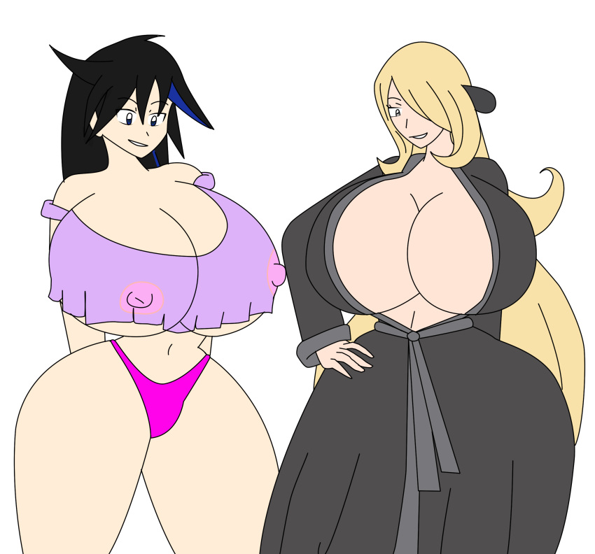 2_girls age_difference amazonian anime areolae arms_behind_back ass bare_shoulders bbw bent_arm big_ass big_breasts black_hair black_robe blonde blonde_hair blue_eyes blue_hair breasts clothed clothes cute cynthia cynthia_(pokemon) digital_media_(artwork) eyebrows eyelashes fat female_only grey_eyes hair hand_on_hip happy huge_breasts human igphhangout legs light_skin multiple_girls nipples oc original panties pokemon robe robes see-through shirona_(pokemon) simple_background smile smiling teeth thin_waist underwear white_background