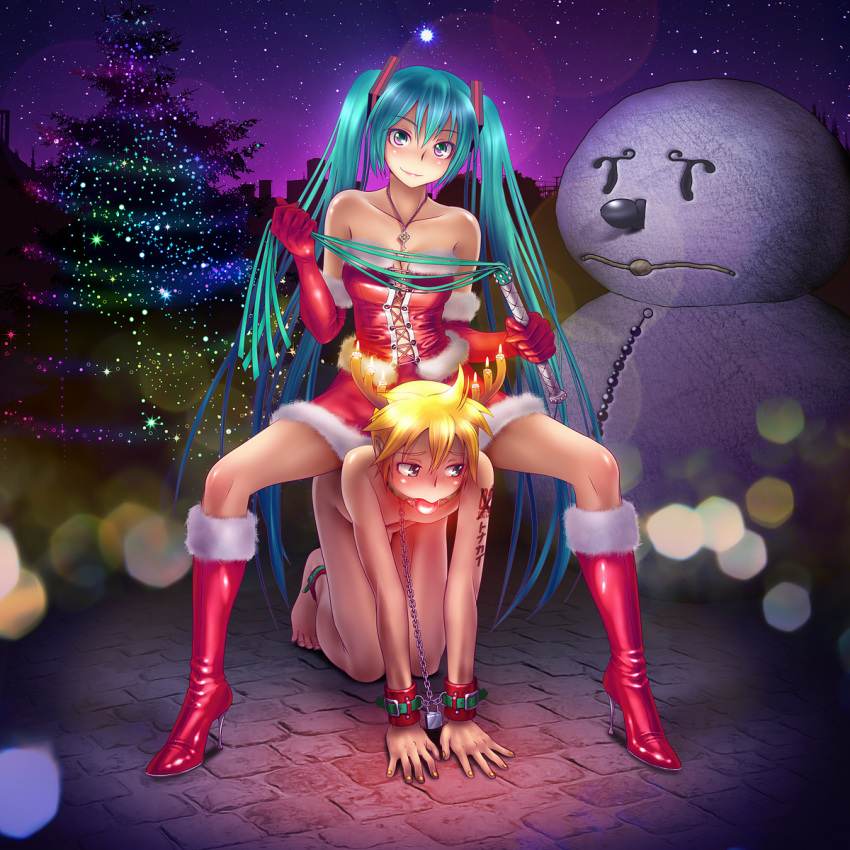 1boy 1girl all_fours anal_beads aneros antlers aqua_eyes aqua_hair ball_gag bare_shoulders bdsm blonde_hair blush bondage boots bound boy boy_rape breasts butt_plug buttplug candle chain chains christmas christmas_tree city cleavage clothed_female_nude_male collarbone corset cuffs dominatrix elbow_gloves femdom fingernails flogger gag gagged gloves hair hair_ornament hatsune_miku hetero high_heels highres horns humiliation jewelry kagamine_len key leash lock long_hair looking_at_viewer malesub miku_hatsune nail_polish naughty_face necklace nude padlock prostate_massager public_nudity red_gloves reverse_rape riding santa_costume shoes short_hair sitting sitting_on_person skirt sky slave smile smirk snowman spread_legs star star_(sky) starry_sky stockings takouji text thigh_boots thigh_high_boots thighhighs torture translated tree twin_tails vocaloid when_you_see_it whip wokada wokada_(takouji) yellow_nails you_gonna_get_raped