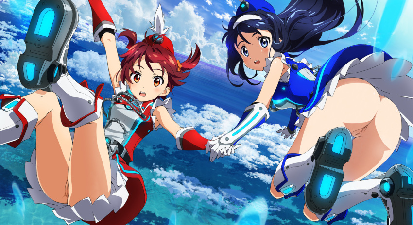 2girls ass belt blue_eyes blue_hair blush boots cloud falling feathers female futaba_aoi_(vividred_operation) gloves hair_ribbon hairband hand_holding hat hat_feather highres isshiki_akane long_hair looking_at_viewer looking_back multiple_girls no_panties nude_filter ocean open_mouth orange_eyes palette_suit photoshop pussy red_hair ribbon short_hair short_twintails skirt sky twintails uncensored vividred_operation water yamaguchi_satoshi