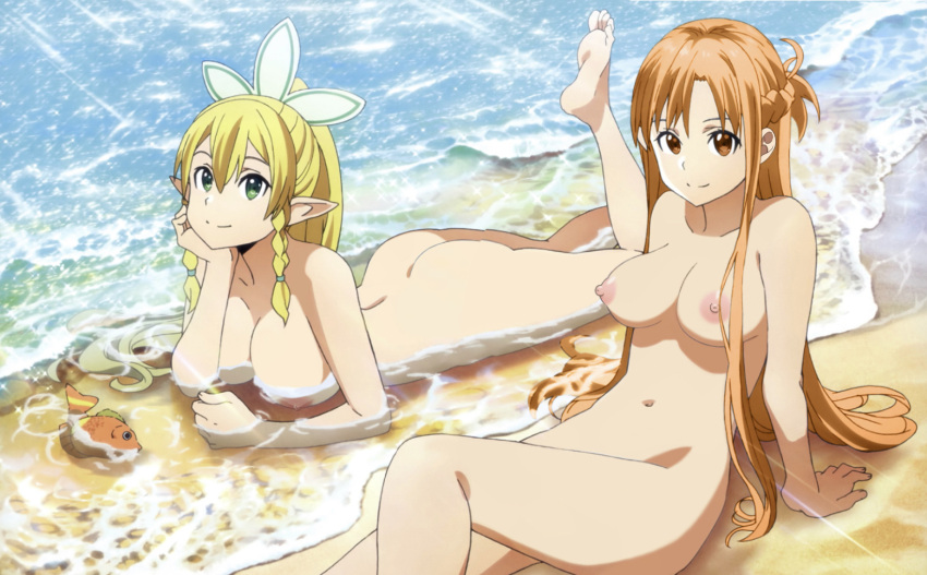 1girl 2_girls alluring ass asuna_(sao) bare_legs beach big_breasts blonde_hair brown_eyes brown_hair completely_nude completely_nude_female convenient_censoring day edit green_eyes grey_eyes in_water leafa long_hair looking_at_viewer lying lying_on_stomach medium_breasts nipples nude outside sand sitting smile sword_art_online water yuuki_asuna