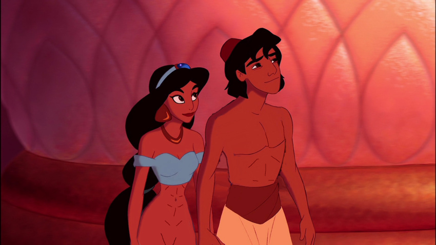 1boy 1girl abs aladdin aladdin_(series) alluring attractive_male bottomless_female calum1998 crop_top disney edit female_abs fit_female handsome_male naked_from_the_waist_down nipples princess_jasmine pussy topless_male voluptuous