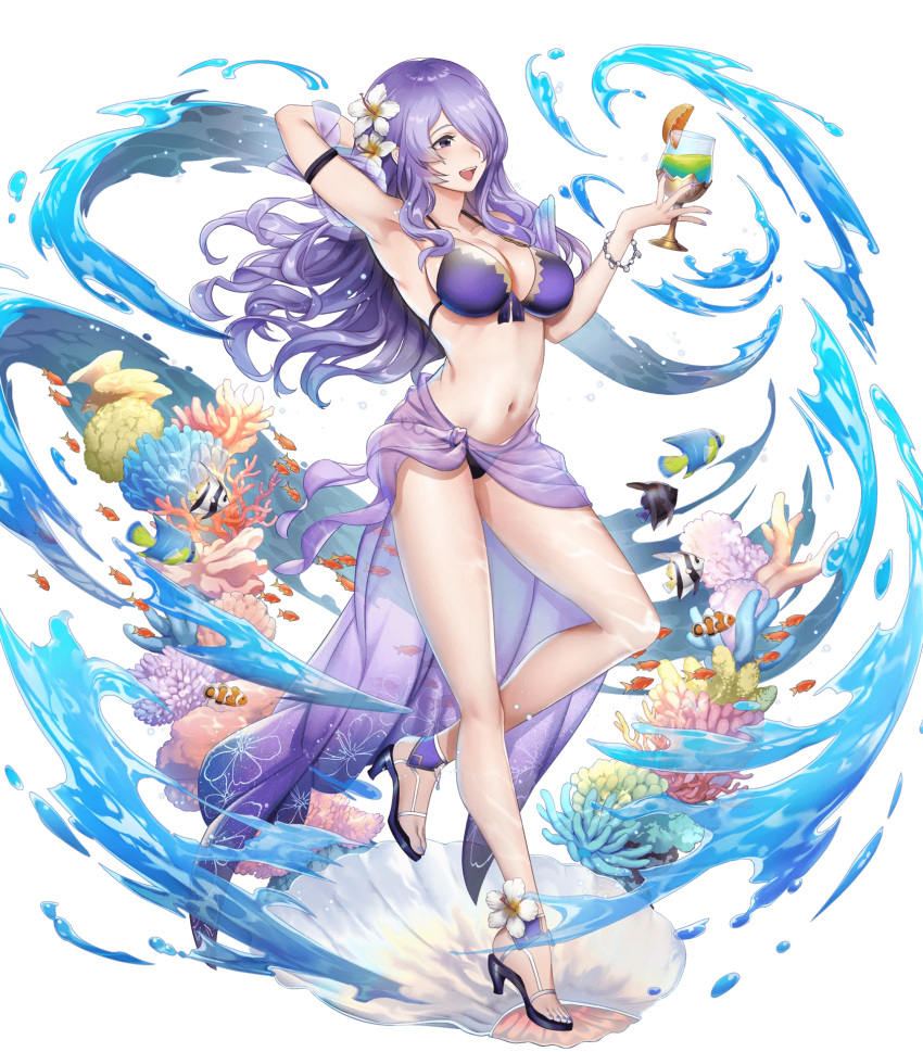1girl 1girl alluring armpits big_breasts bikini bracelet breasts camilla_(fire_emblem) camilla_(summer)_(fire_emblem) cleavage clownfish cup drinking_glass feet female_focus fire_emblem fire_emblem_fates fire_emblem_heroes fish flower food fruit full_body hair_flower hair_ornament hair_over_one_eye high_heels high_res holding jewelry long_hair matching_hair/eyes nail_polish navel nintendo official_art open_mouth purple_eyes purple_hair purple_nails sandals sarong sideboob smile swimsuit toenail_polish toenails toes transparent_background
