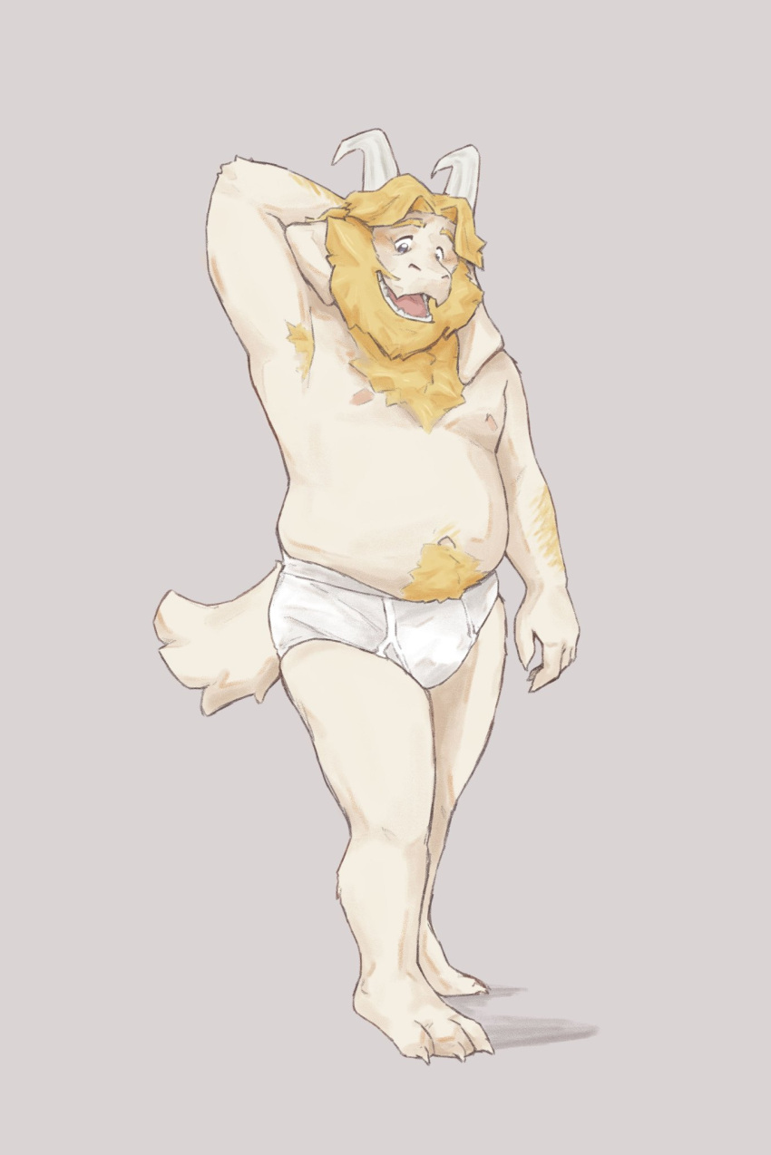 1boy 2020s 2023 2d 2d_(artwork) anthro anthro_only asgore_dreemurr beard boss_monster briefs caprine chubby chubby_male digital_media_(artwork) dilf furry furry_only goat grey_background hand_behind_head horns looking_down male male_anthro male_only mammal professor_fluff simple_background solid_color_background solo_anthro solo_male standing tail tail_tuft topless topless_anthro topless_male undertale undertale_(series) underwear underwear_only video_game_character video_game_franchise video_games white_briefs white_fur white_underwear yellow_hair