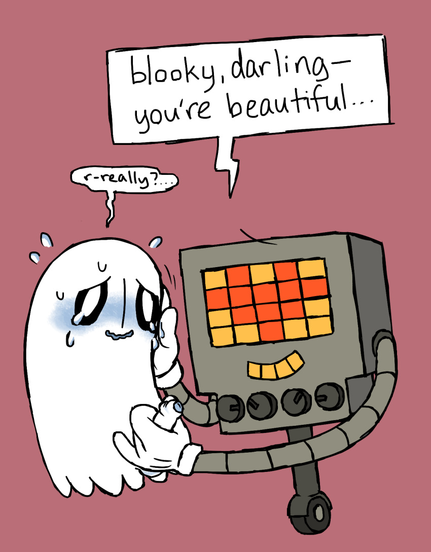 ambiguous_gender blue_blush blue_glans blush clothing cousins crying duo erection ghost gloves grabbing_penis handjob incest machine male mettablook mettaton napstablook nervous nervous_smile open_mouth penis penis_grab red_background robot simple_background solid_color_background sweat tears text tinybeasts tinynsfw uncut undertale undertale_(series) video_games