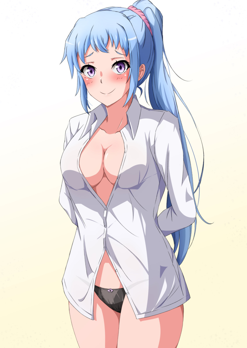 1girl 1girl alluring arms_behind_back big_breasts black_panties blue_eyes blue_hair blush breasts cleavage closed_mouth collarbone collared_shirt commentary_request cowboy_shot dress_shirt gradient_background hair_ornament hair_scrunchie high_res kawasaki_saki konoyan long_hair long_sleeves looking_at_viewer mole mole_under_eye no_bra panties partially_unbuttoned pink_scrunchie ponytail purple_eyes scrunchie shirt smile standing underwear white_background white_shirt yahari_ore_no_seishun_lovecome_wa_machigatteiru. yellow_background
