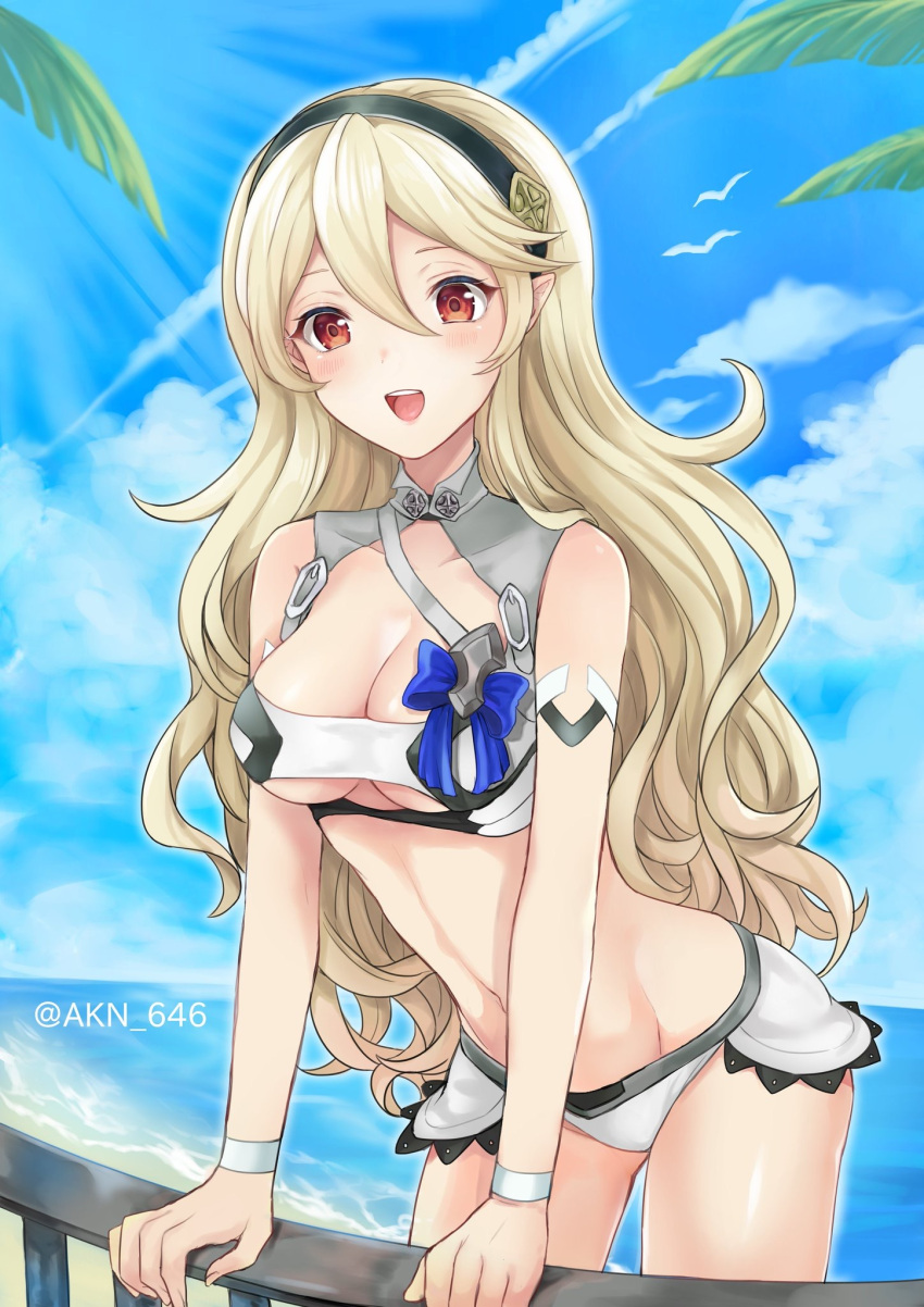 1girl 1girl 1girl akina_(akn_646) alluring alternate_costume black_hair_ornament black_hairband blue_sky breasts cleavage cloud corrin_(fire_emblem) corrin_(fire_emblem)_(female) corrin_(summer)_(fire_emblem)_(female) day fire_emblem fire_emblem_cipher fire_emblem_fates hairband high_resolution long_hair nintendo open_mouth outside pointed_ears red_eyes shimizu_akina sky source_request swimsuit twitter_username under_boob water white_bikini white_hair white_swimsuit