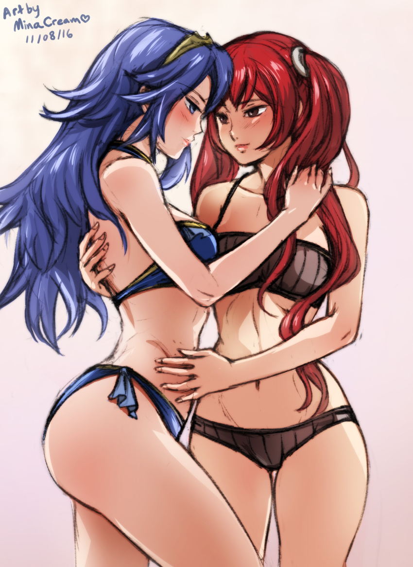 2_girls absurd_res alluring ass bikini blue_bikini blue_eyes blue_hair blush breasts brown_bikini brown_eyes fingernails fire_emblem fire_emblem_awakening hairband hand_on_another's_hip high_res hip_focus lips lipstick long_hair looking_at_another lucina lucina_(fire_emblem) makeup mina_cream multiple_girls navel nintendo red_hair severa_(fire_emblem) small_breasts smile swimsuit thighs twin_tails yuri