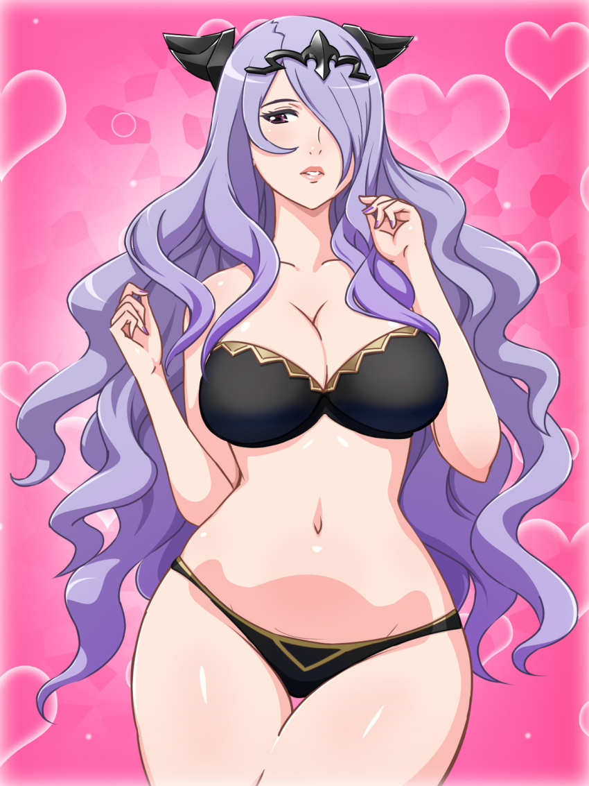 1girl 1girl alluring bare_arms bare_legs bare_shoulders big_breasts blush bra breasts camilla_(fire_emblem) cleavage cowboy_shot fire_emblem fire_emblem_fates groin hair_over_one_eye heart high_res legs long_hair looking_at_viewer nail_polish navel nintendo panties purple_eyes purple_hair purple_nails simple_background standing thighs underwear yuki_(12cut)