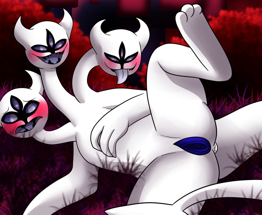 1_girl 1girl 3_eyes 3_heads 3_toes 4_fingers anthro anus blue_pussy blush closed_smile clover_(deltarune) curved_horn darkner deltarune deltarune_chapter_1 embarrassed happy horn legs_apart legs_spread monster multi_head open_mouth open_smile purple_eyes purple_pupils pussy raised_leg smile solo solo_female third_eye toes tongue tongue_out undertale_(series) video_games white_skin yoshimister