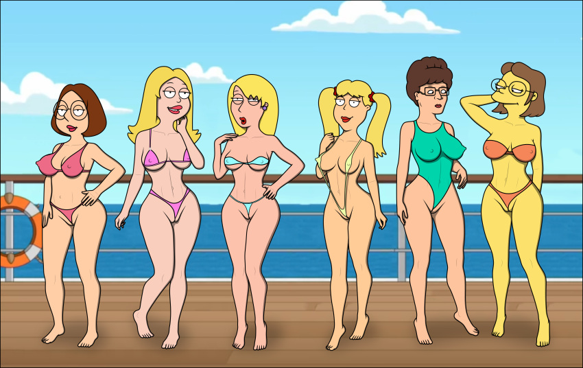 6+girls 6girls american_dad bikini blonde_hair brunette cameltoe cindi_(family_guy) connie_d'amico crossover elizabeth_hoover family_guy female_only francine_smith king_of_the_hill lineup meg_griffin peggy_hill sexfightfun ship sling_bikini sling_swimsuit smile smiley_face swimsuit the_simpsons tugging_clothing