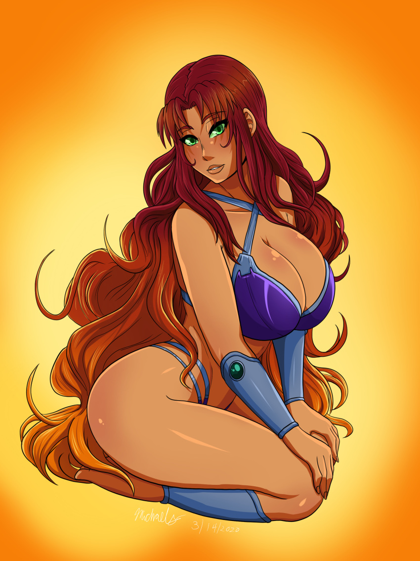 1girl alternate_breast_size barefoot big_breasts bikini blush blush_stickers breasts cleavage curvaceous curvy curvy_body curvy_female curvy_figure dc dc_comics female_focus female_only green_eyes huge_breasts koriand'r long_hair looking_at_viewer ninja-8004 plump plump_lips purple_bikini purple_swimsuit red_hair seduction seductive seductive_eyes seductive_look seductive_pose solo_female starfire swimsuit teen_titans thick_thighs thighs voluptuous