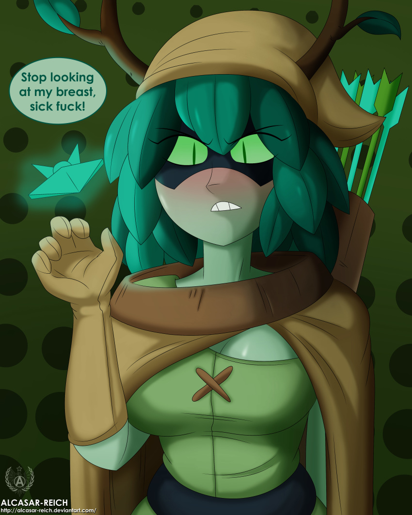 1girl adventure_time alcasar-reich angry arrows big_breasts blush breasts brown_gloves cleavage dialogue female_only gloves green_eyes green_hair green_skin hand_up hat huntress_wizard mask slit_pupils solo_female teeth tunic