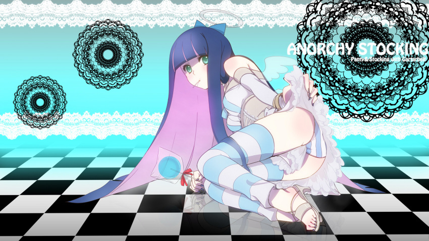 1girl ass bangs bare_shoulders blue_eyes blunt_bangs bow bracelet breasts candy checkered checkered_floor doily english feet female_only floor green_eyes hair_bow halo high_heels highres jewelry kagexxx lollipop long_hair lying mouth_hold multicolored_hair on_side panties panty_&amp;_stocking_with_garterbelt pink_hair shoes skirt skirt_lift solo solo_female stocking_(psg) striped striped_legwear striped_panties striped_thighhighs thighhighs two-tone_hair underwear wallpaper wings