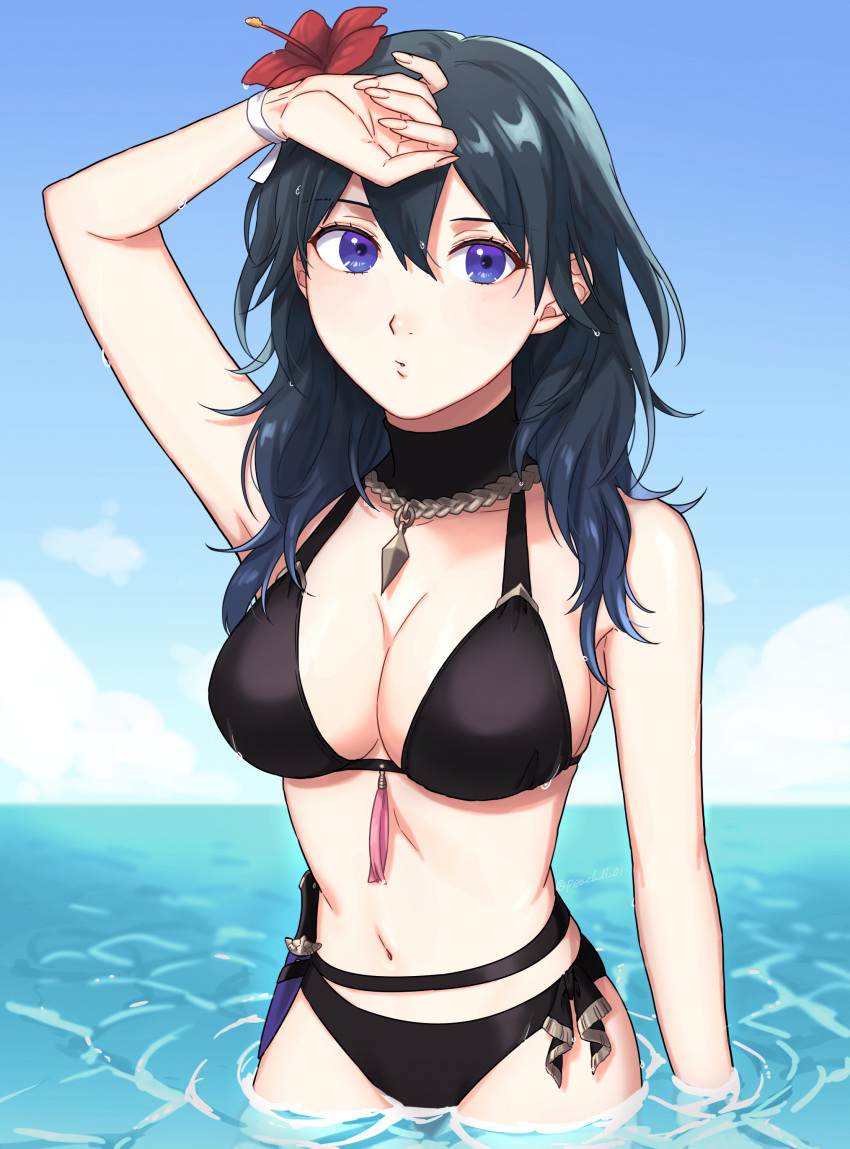 1girl absurd_res alluring arm_up bikini black_bikini blue_eyes blue_sky blush breasts byleth_(female) byleth_(fire_emblem) byleth_(fire_emblem)_(female) cleavage cloud cloudy_sky commentary cowboy_shot dagger day fire_emblem fire_emblem:_three_houses fire_emblem_heroes flower hair_between_eyes hair_flower hair_ornament hand_on_own_head hibiscus high_res jewelry knife lips long_hair looking_at_viewer medium_breasts navel nintendo ocean official_alternate_costume outside parted_lips peach11_01 pendant puckered_lips ribbon ripples sheath sheathed sky standing stomach swimsuit tassel teal_hair wading water weapon wet wet_hair wrist_ribbon