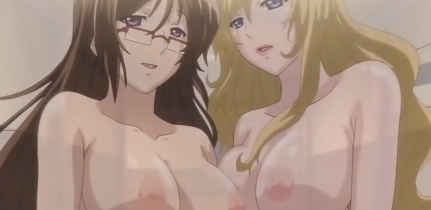 Xbooru - after sex anime big breasts blonde hair brown hair brunette  glasses hentai kiriya hakushakuke no roku shimai nude threesome | 930816