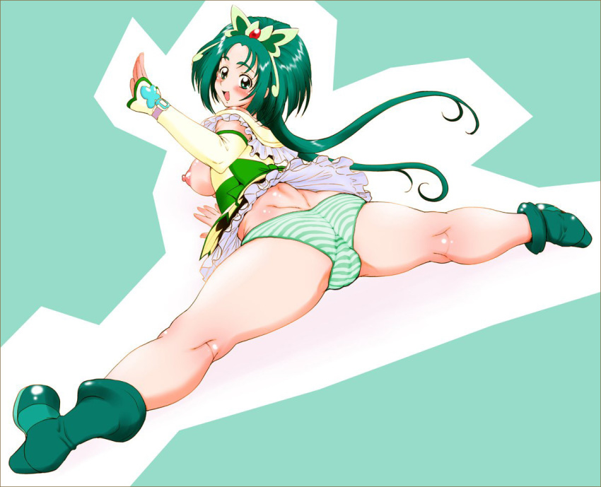 1girl akimoto_komachi anal_hair anus ass bent_over boots bottomless breasts cure_mint detached_sleeves elbow_gloves fat_mons gloves green_eyes green_hair hair komachi_akimoto long_hair looking_back lying magical_girl mura-san nipples panties precure pretty_cure pubic_hair pussy solo split spread_legs striped striped_panties trefoil underwear wave waving yes!_precure_5 yes!_pretty_cure_5