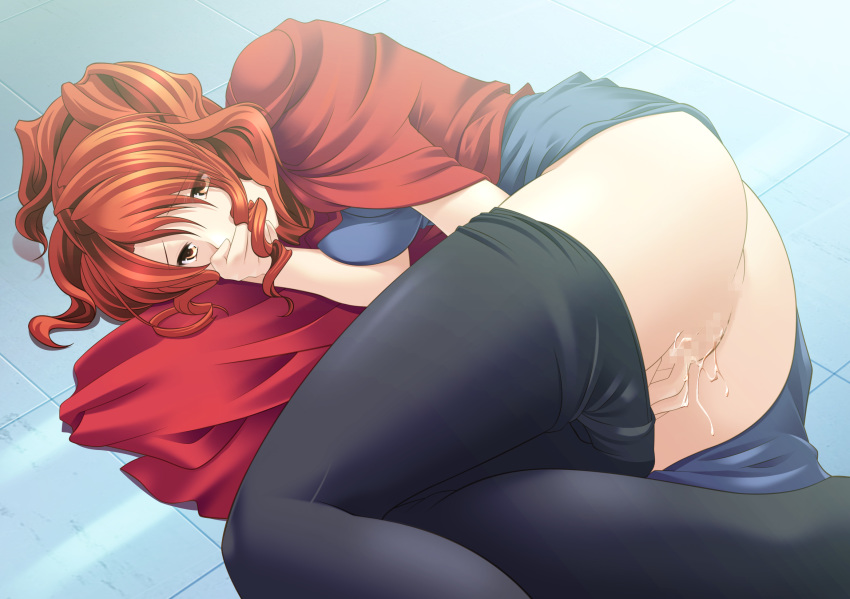 1girl angel_howling ass breasts censored covering covering_face covering_mouth endure_to_moan female fingering hand_over_mouth highres long_hair lying masturbation mizu on_side orange_hair pantyhose pantyhose_pull ponytail pussy_juice red_eyes red_hair solo takasugi_rinko