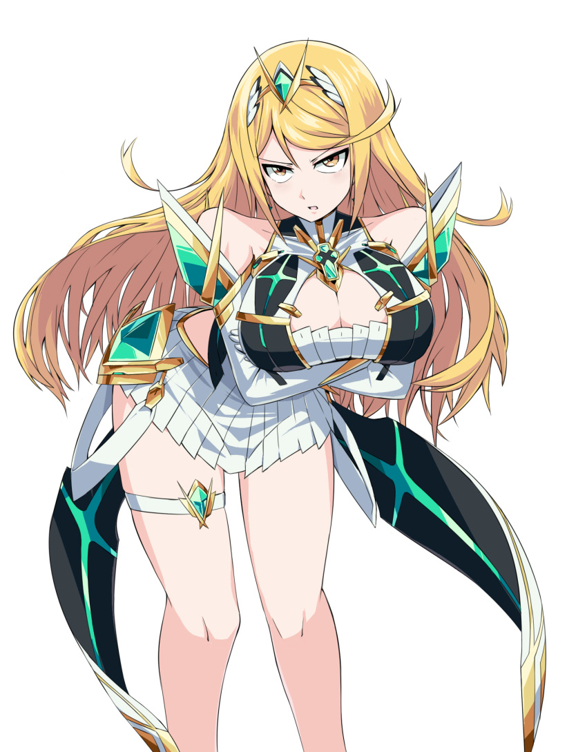 1girl alluring annoyed arched_back arms_crossed bangs bare_shoulders blonde_hair breasts cleavage cleavage_cutout dress frown glaring hair_ornament large_breasts leaning_forward legs long_hair mythra nintendo revealing_clothes simple_background thighlet thighs white_dress xenoblade xenoblade_(series) xenoblade_chronicles_2 yellow_eyes