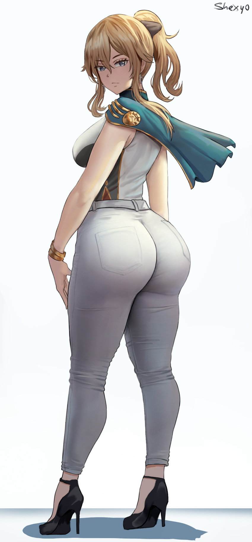 1girl 2021 artist_signature ass ass_focus ass_shot back back_view big_breasts blonde_hair blue_eyes bow bow_in_hair bracelet breasts bubble_butt cape clothed clothed_female female_only genshin_impact high_heels high_res hips huge_ass jean_gunnhildr jeans long_legs looking_at_viewer looking_back pants ponytail shexyo sideboob simple_background thick_thighs thighs tight_clothing tight_jeans tight_pants white_background white_clothing wide_hips