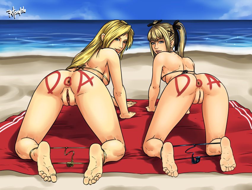 2girls absurdres all_fours anus ass barefoot beach bikini bikini_pull blonde_hair blue_eyes body_writing bottomless breasts brown_eyes dead_or_alive dead_or_alive_5_last_round g-string hair_ribbon helena_douglas highres huge_ass lips long_hair looking_back marie_rose micro_bikini multiple_girls ocean panties pussy ramiro_de_la_cruz ribbon side-by-side smile soles swimsuit take_your_pick tecmo thong toes twintails uncensored underboob underwear