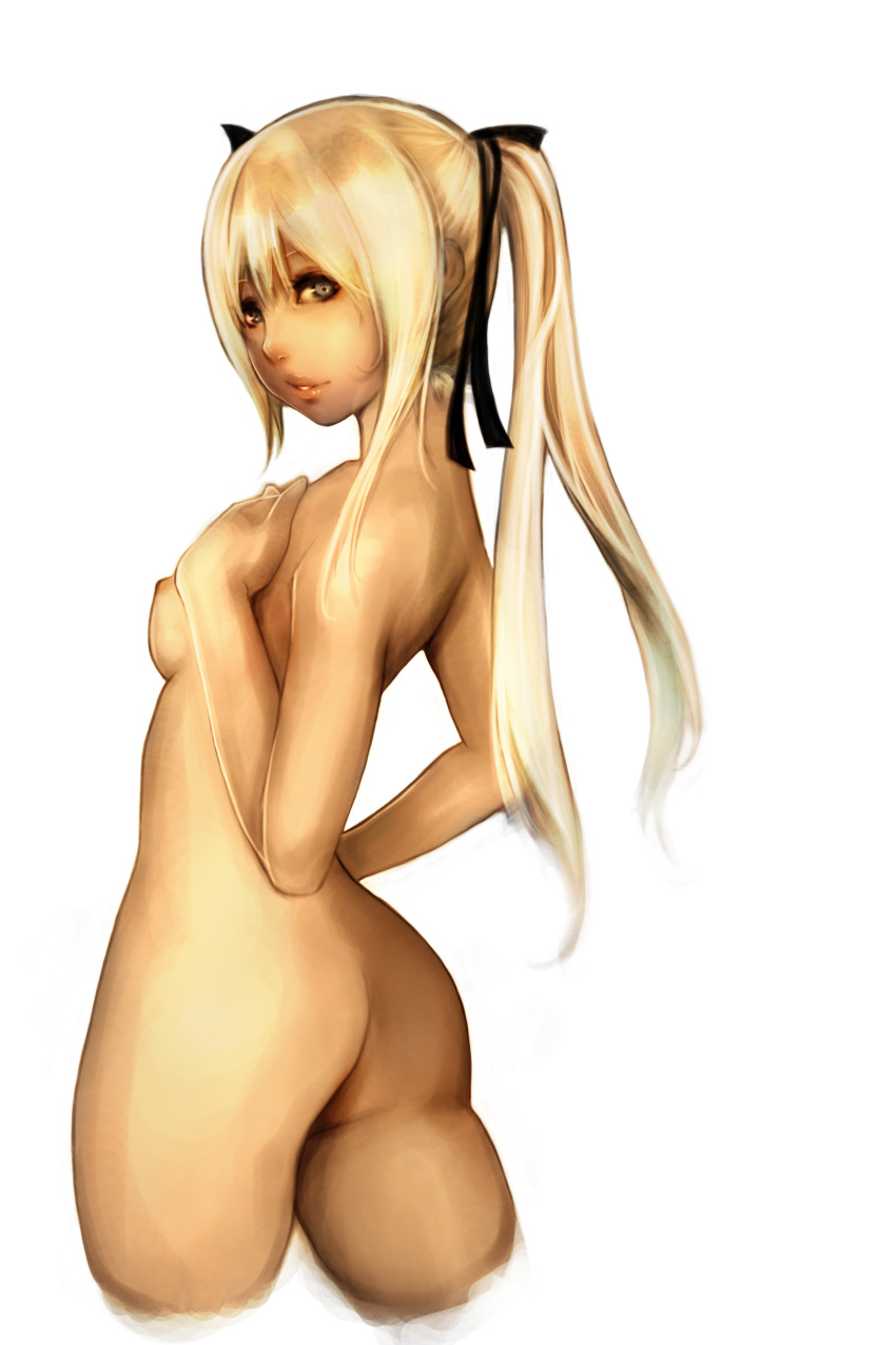 1girl absurdres ass blonde_hair dako6995 dead_or_alive dead_or_alive_5 highres long_hair looking_at_viewer looking_back marie_rose nipples nude simple_background smile solo tecmo white_background
