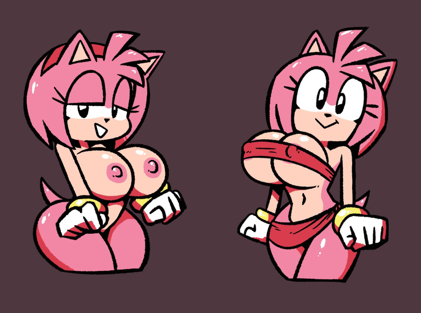 1girl amy_rose anthro areola areola_slip breasts fur furry gloves grin half-closed_eyes headband hedgehog huge_breasts looking_at_viewer naughty_face navel nipples nude pink_fur red_underwear sega simple_background smiling_at_viewer sonic_the_hedgehog_(series) standing tagme tail under_boob underwear wide_hips yopy