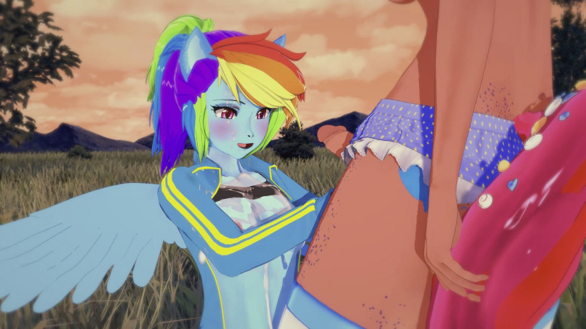 16:9 animal_ears anime anthro anthro_on_anthro blue_skin cum cum_on_body cum_on_breasts cum_on_clothes equestria_girls female_focus freckles futa futanari futanari_on_female futanari_with_female hentai looking_at_penis looking_pleasured my_little_pony open_eyes open_mouth outside partially_clothed pinkie_pie_(mlp) rainbow_dash_(mlp) rainbow_hair tail teen wings