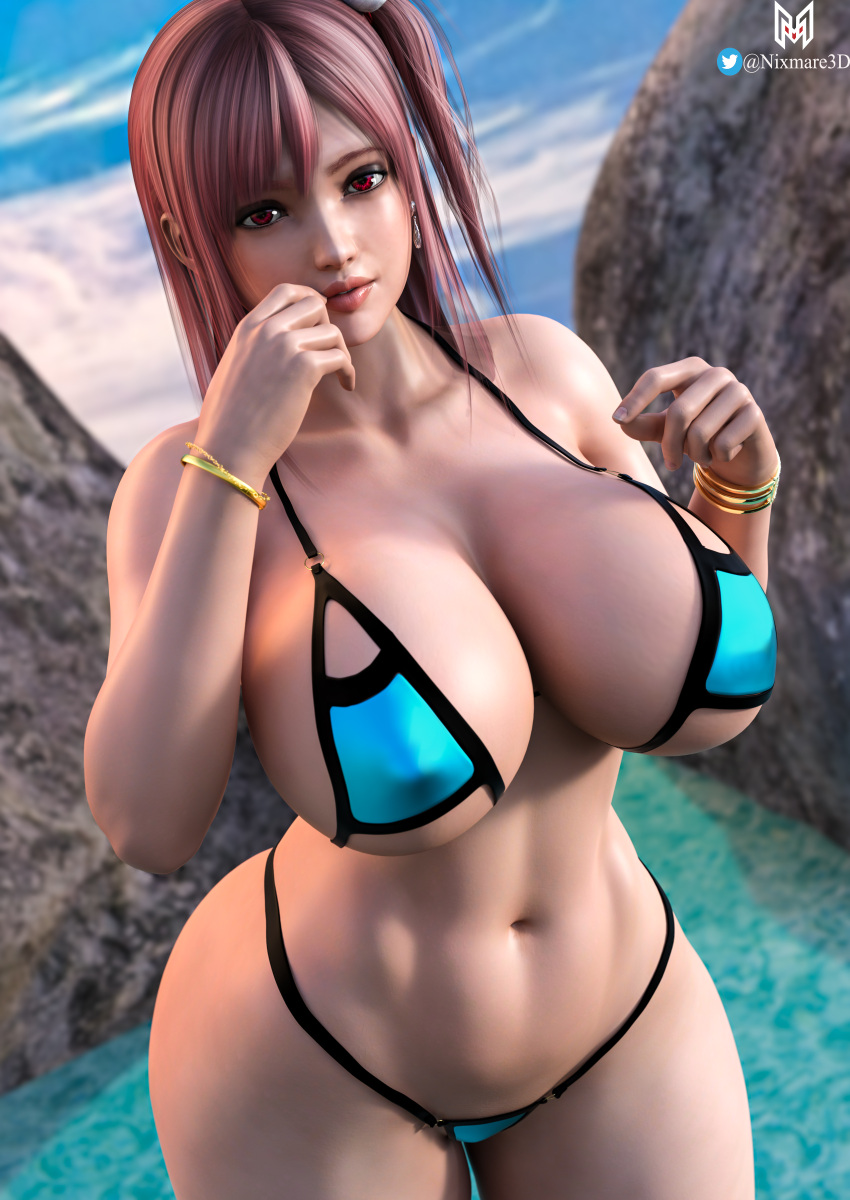 1girl 3d 3d_(artwork) alluring big_breasts bikini bracelet breasts curvaceous curvy curvy_body curvy_female curvy_figure curvy_hips dead_or_alive dead_or_alive_5 female_only honoka honoka_(doa) huge_breasts looking_at_viewer micro_bikini nixmare pink_hair pov red_eyes solo_female tecmo thick_hips thick_legs thick_lips thick_thighs thighs voluptuous wide_hips