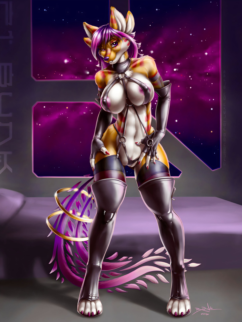 1girl bedroom big_ass big_breasts canine fox lingerie pink_hair sexyfur space tail