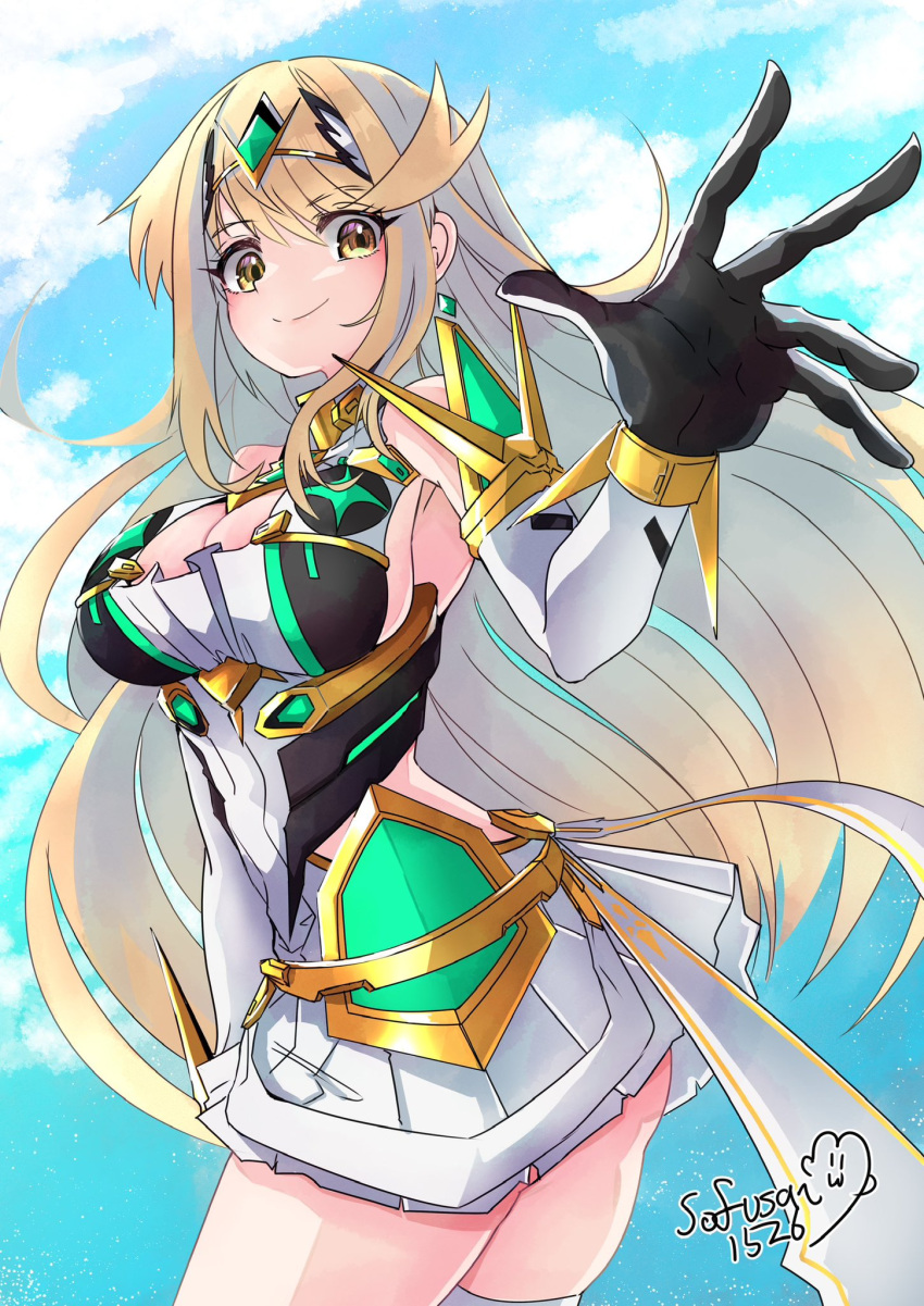 1girl 1girl alluring big_breasts blonde_hair cleavage high_res long_hair mythra sofusan1526 very_long_hair xenoblade_(series) xenoblade_chronicles_2 yellow_eyes