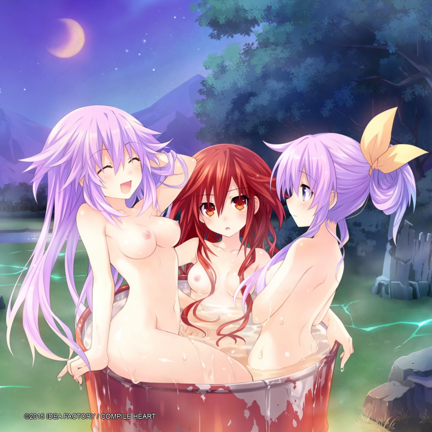 1:1_aspect_ratio 3_girls :d ^_^ adult_neptune alternative_hairstyle arm_support bath bathing blush breasts censor_hair clavicle closed_eyes company_name drum_(container) drum_bath hair_ornament hair_ribbon high_resolution hyperdimension_neptunia lake light-skinned long_hair medium_breasts moon multiple_girls navel nepgear neptune_(choujigen_game_neptune) night nipples nude nude_filter open_mouth orange_hair outside partially_submerged photoshop ponytail purple_eyes purple_hair red_eyes red_hair ribbon rock shared_bathing shin_jigen_game_neptune_vii sitting small_breasts smile star star_(sky) tennouboushi_uzume_(choujigen_game_neptune) tied_hair tree twin_tails very_long_hair water wet