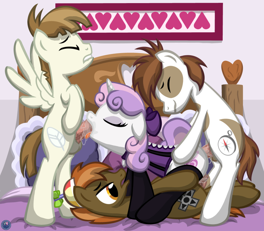 1girl 3boys anal anal_penetration anal_sex bed button_mash button_mash_(mlp) closed_eyes cutie_mark earth_pony eyeshadow featherweight_(mlp) fellatio female_unicorn friendship_is_magic horn indoors lingerie male/female male_pegasus mostly_nude my_little_pony oral pegasus penis_in_ass penis_in_mouth penis_in_pussy pipsqueak pipsqueak_(mlp) pony sex stockings sweetie_belle sweetie_belle_(mlp) tail template93_(artist) triple_penetration unicorn vaginal vaginal_penetration vaginal_sex wings