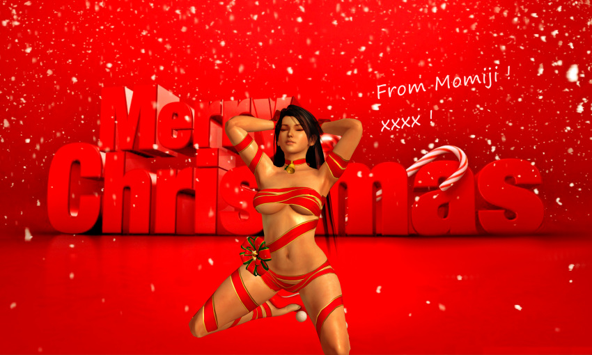 1girl 3d alluring bells black_hair breasts candy_cane christmas closed_eyes dead_or_alive female female_solo games human legs momiji momiji_(ninja_gaiden) outfit posing render ribbon sexy_legs shoes snow solo solo_female tecmo video_games xnalara xps