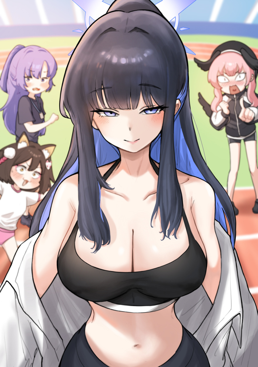 4girls absurd_res big_breasts blue_archive blush breasts cleavage embarrassed gym_shirt gym_shorts gym_uniform high_res ice_bear_(artist) izuna_(blue_archive) koharu_(blue_archive) leggings long_hair multiple_girls pointing running_track saori_(blue_archive) shirt shorts small_breasts smile stadium surprised yuuka_(blue_archive)