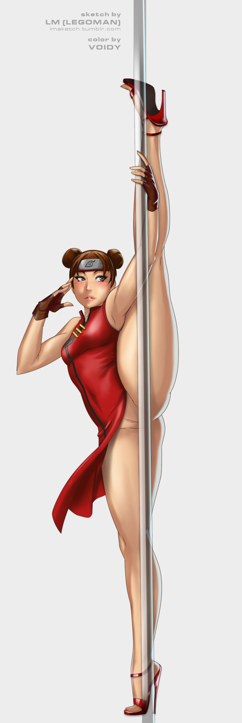 1girl absurdres blush breasts brown_eyes brown_hair china_dress chinese_clothes collaboration colored double_bun dress fingerless_gloves flexible forehead_protector full_body gloves high_heels highres konohagakure_symbol legoman lips lm_(legoman) long_legs naruto no_panties open_shoes pole pole_dancing pussy red_dress red_shoes shoes shueisha small_breasts solo split standing_on_one_leg stiletto_heels stripper stripper_pole tenten thick_thighs thighs uncensored voidy