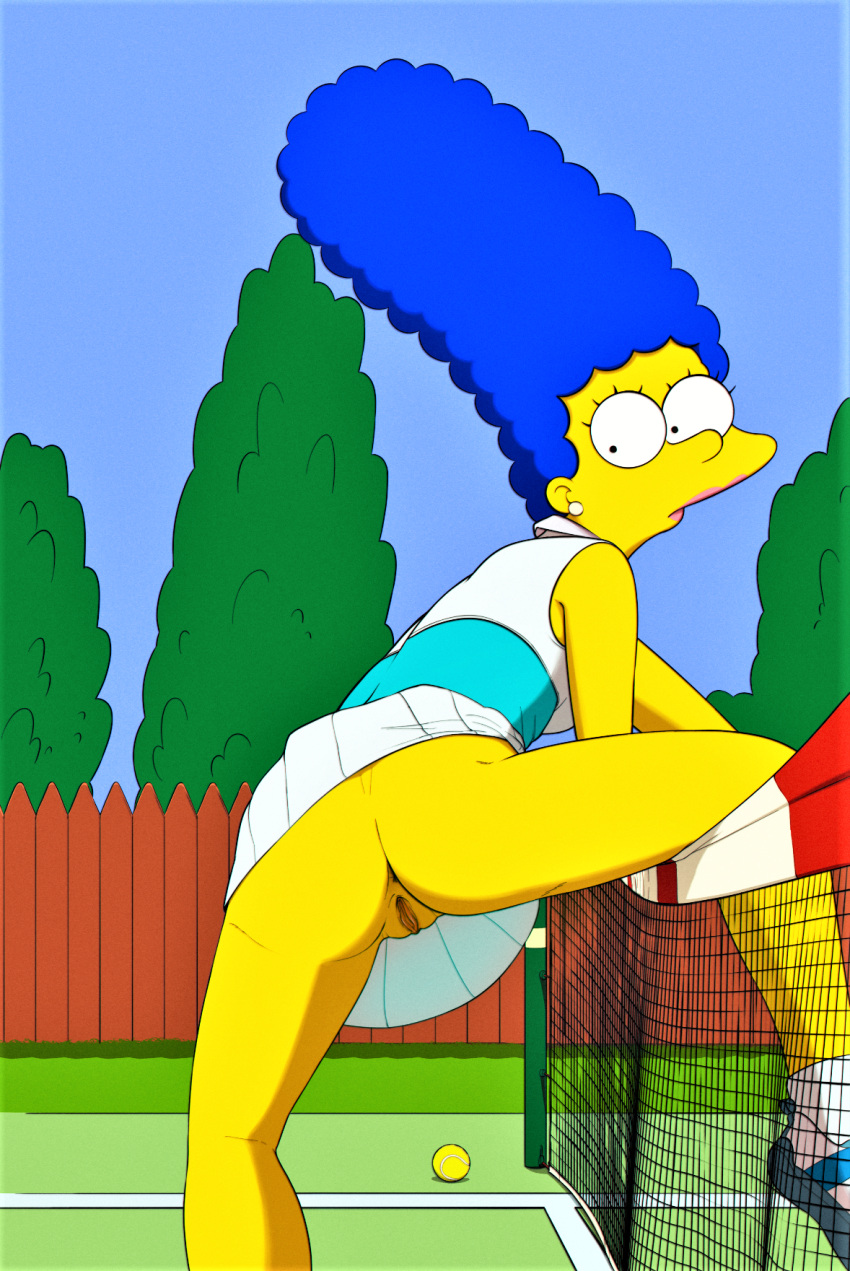 ass blue_hair bottomless marge_simpson no_panties shaved_pussy the_simpsons thighs yellow_skin